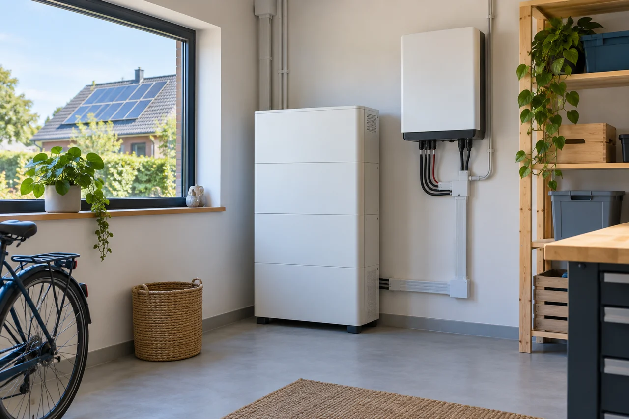 Illustratie van een batterijsysteem en omvormer voor het opslaan van elektrische energie
